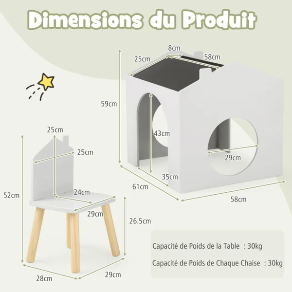 Ensemble Table 61 x 58 x 59 cm (L x l x H) avec 2 Chaises pour Enfants Tableau Noir Incliné Rainure de Rangement Blanc