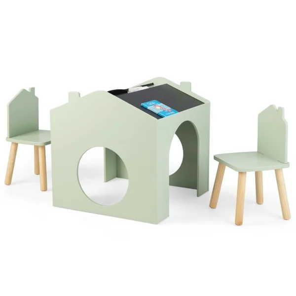 Ensemble Table 61 x 58 x 59 cm (L x l x H) avec 2 Chaises pour Enfants Tableau Noir Incliné Rainure de Rangement Vert