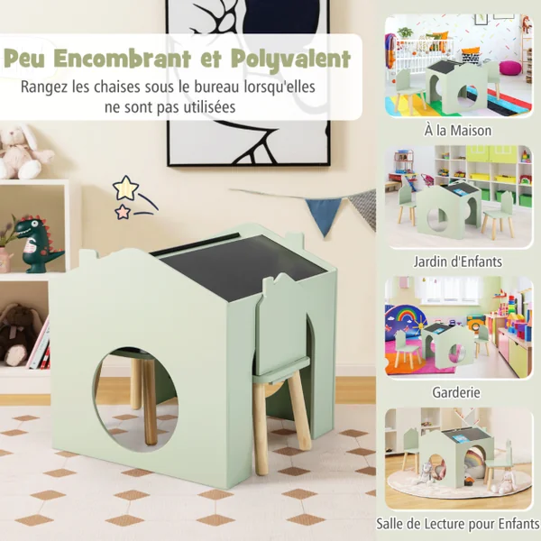 Ensemble Table 61 x 58 x 59 cm (L x l x H) avec 2 Chaises pour Enfants Tableau Noir Incliné Rainure de Rangement Vert