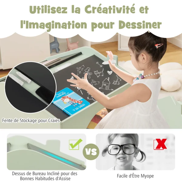 Ensemble Table 61 x 58 x 59 cm (L x l x H) avec 2 Chaises pour Enfants Tableau Noir Incliné Rainure de Rangement Vert