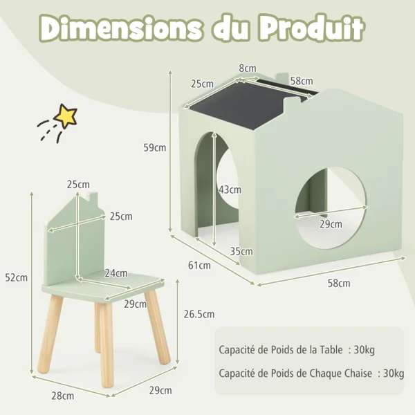 Ensemble Table 61 x 58 x 59 cm (L x l x H) avec 2 Chaises pour Enfants Tableau Noir Incliné Rainure de Rangement Vert
