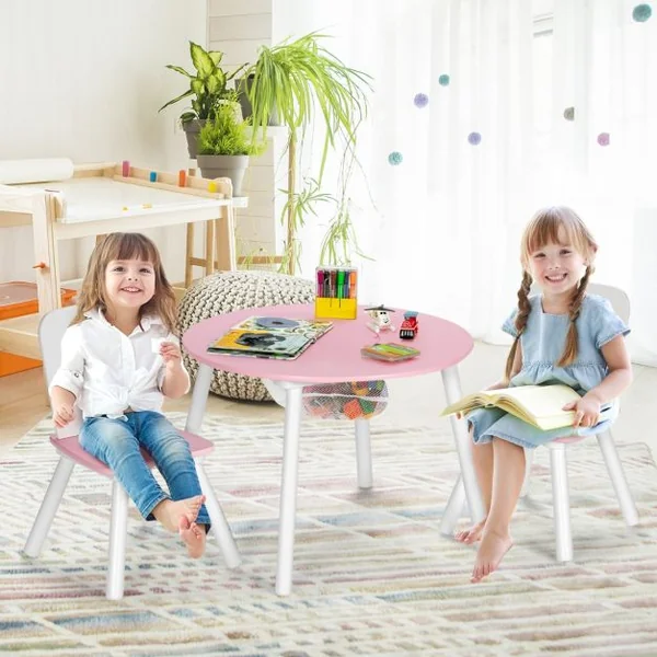 Ensemble Table avec 2 Chaises et Espace de Rangement pour Jouets 3-7 ans avec Pieds en Pin Vert