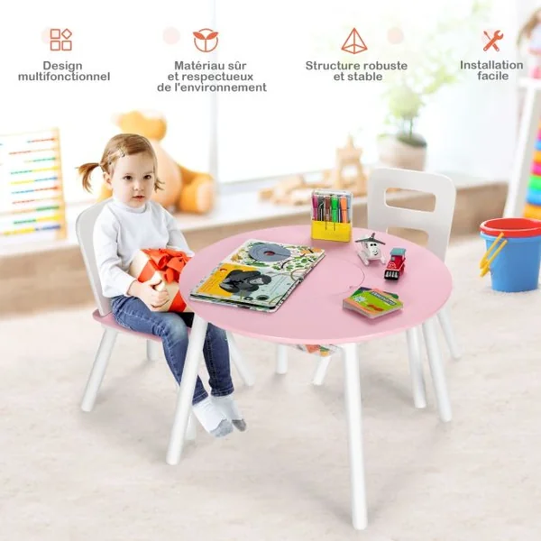 Ensemble Table avec 2 Chaises et Espace de Rangement pour Jouets 3-7 ans avec Pieds en Pin Vert