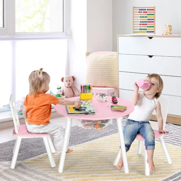 Ensemble Table avec 2 Chaises et Espace de Rangement pour Jouets 3-7 ans avec Pieds en Pin Vert
