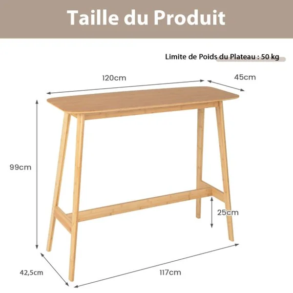 Ensemble Table de Bar Table Haute de Cuisine 120L x 45l x 99H cm Mange-debout en Bois Vernis avec Repose-Pie