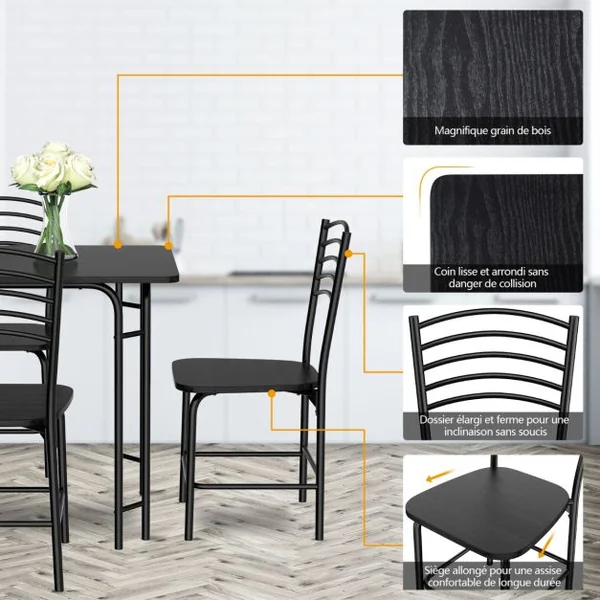 Ensemble Table de Cuisine avec 4 Chaises Cadre en Métal Laqué Table Petit-Déjeuner pour Salle à manger Noir