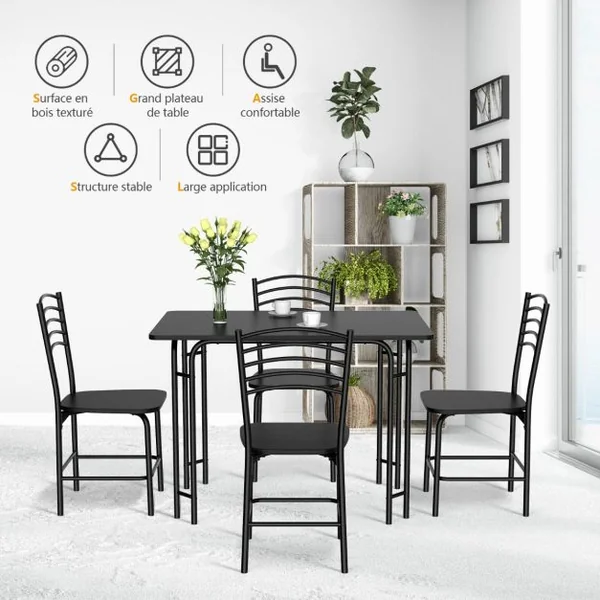 Ensemble Table de Cuisine avec 4 Chaises Cadre en Métal Laqué Table Petit-Déjeuner pour Salle à manger Noir