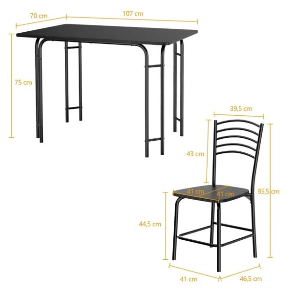 Ensemble Table de Cuisine avec 4 Chaises Cadre en Métal Laqué Table Petit-Déjeuner pour Salle à manger Noir