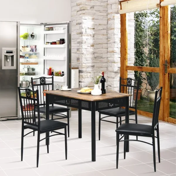 Ensemble Table de Cuisine avec 4 Chaises Rembourrées Souples Cadre en Métal Laqué Noir