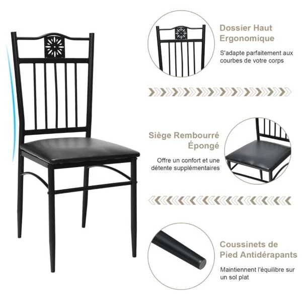 Ensemble Table de Cuisine avec 4 Chaises Rembourrées Souples Cadre en Métal Laqué Noir