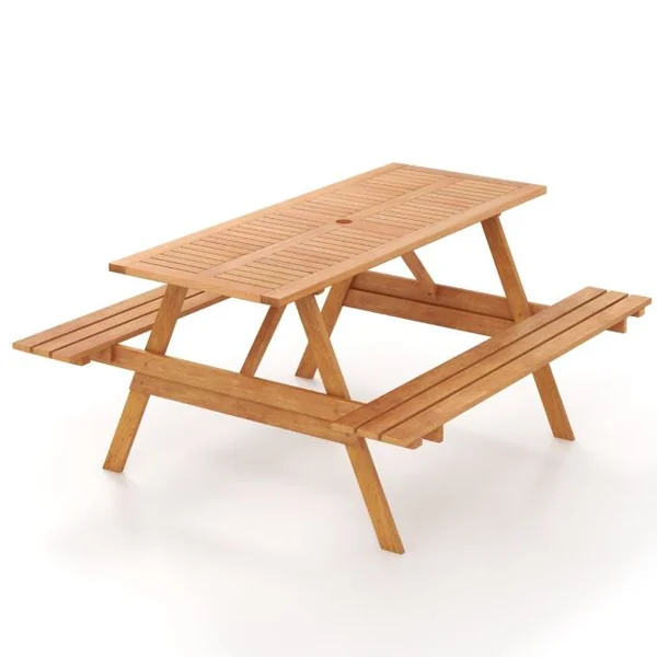 Ensemble Table de Pique Nique avec 2 Bancs Intégrés Ensemble de Jardin en Bois Table Charge 70KG pour Jardin Piscine 150 x 139 x 75 cm Naturel