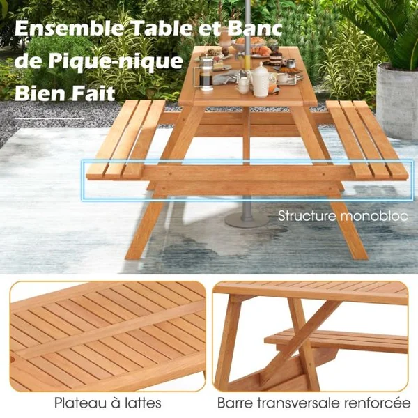 Ensemble Table de Pique Nique avec 2 Bancs Intégrés Ensemble de Jardin en Bois Table Charge 70KG pour Jardin Piscine 150 x 139 x 75 cm Naturel