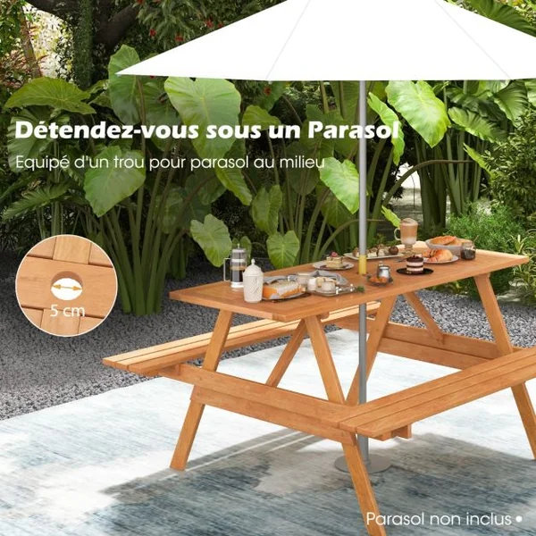 Ensemble Table de Pique Nique avec 2 Bancs Intégrés Ensemble de Jardin en Bois Table Charge 70KG pour Jardin Piscine 150 x 139 x 75 cm Naturel