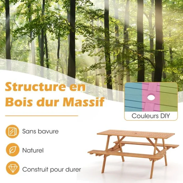 Ensemble Table de Pique Nique avec 2 Bancs Intégrés Ensemble de Jardin en Bois Table Charge 70KG pour Jardin Piscine 150 x 139 x 75 cm Naturel