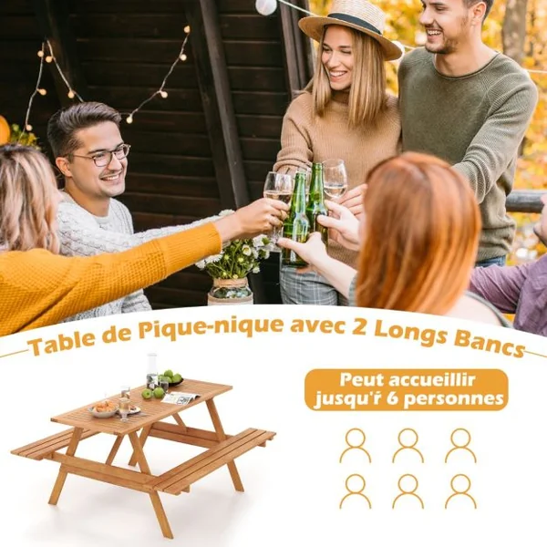 Ensemble Table de Pique Nique avec 2 Bancs Intégrés Ensemble de Jardin en Bois Table Charge 70KG pour Jardin Piscine 150 x 139 x 75 cm Naturel