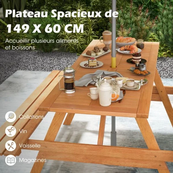 Ensemble Table de Pique Nique avec 2 Bancs Intégrés Ensemble de Jardin en Bois Table Charge 70KG pour Jardin Piscine 150 x 139 x 75 cm Naturel