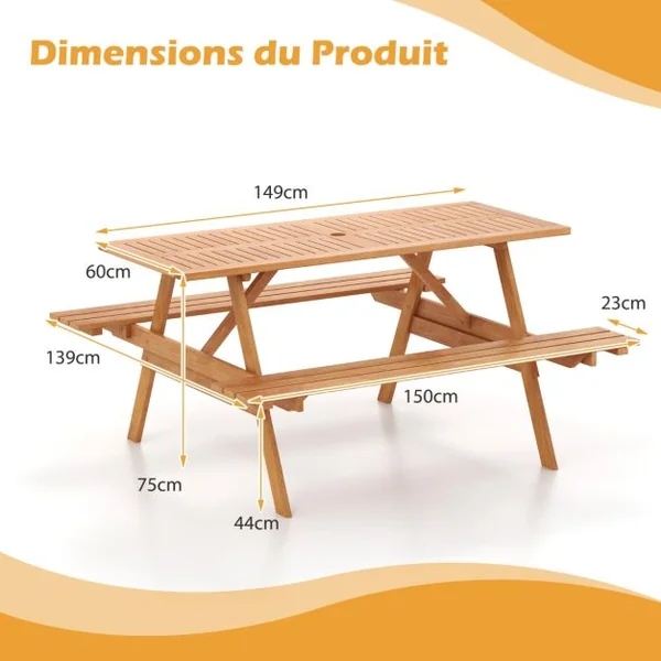 Ensemble Table de Pique Nique avec 2 Bancs Intégrés Ensemble de Jardin en Bois Table Charge 70KG pour Jardin Piscine 150 x 139 x 75 cm Naturel