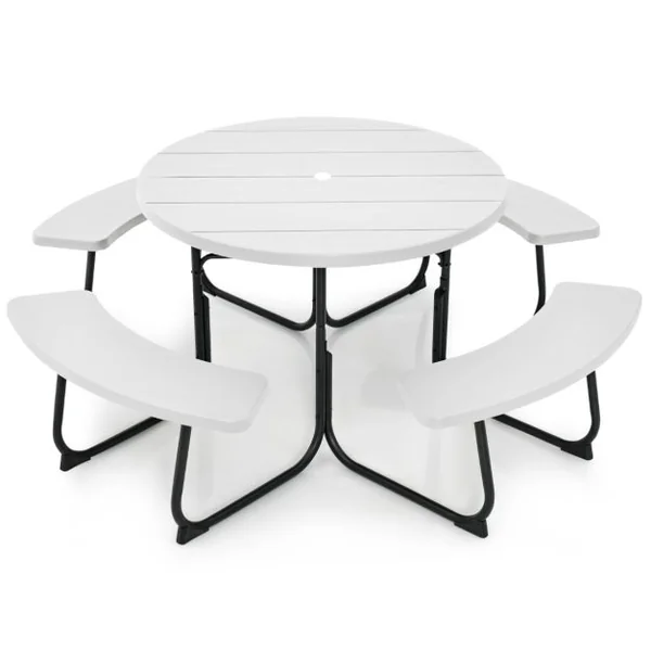 Ensemble Table de Pique-nique avec 4 Bancs Intégrés Table de Pique-nique Circulaire 135KG Trou pour Parasol 190 x 76 cm Matériau HDPE Blanc/Gris/Noir/Vert