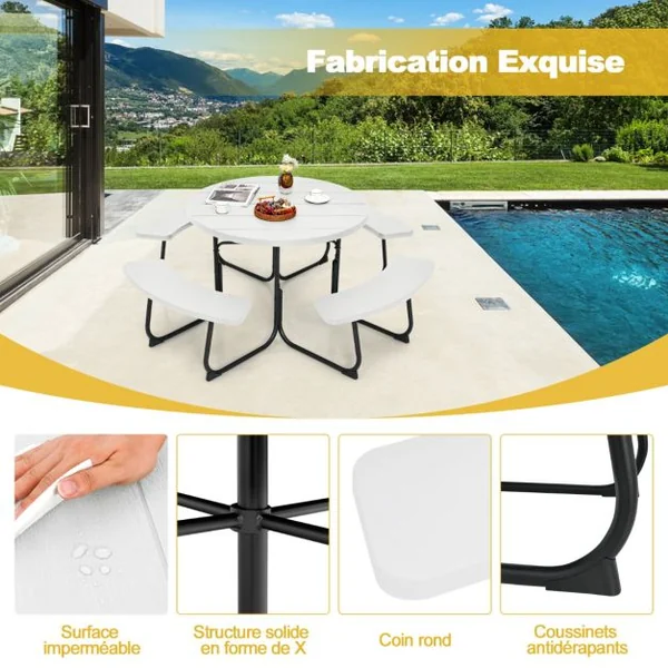 Ensemble Table de Pique-nique avec 4 Bancs Intégrés Table de Pique-nique Circulaire 135KG Trou pour Parasol 190 x 76 cm Matériau HDPE Blanc/Gris/Noir/Vert