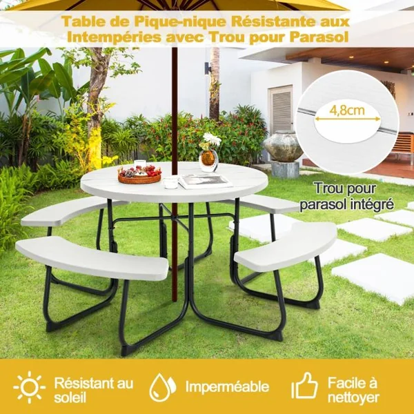Ensemble Table de Pique-nique avec 4 Bancs Intégrés Table de Pique-nique Circulaire 135KG Trou pour Parasol 190 x 76 cm Matériau HDPE Blanc/Gris/Noir/Vert