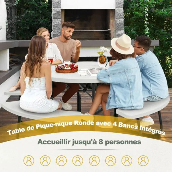 Ensemble Table de Pique-nique avec 4 Bancs Intégrés Table de Pique-nique Circulaire 135KG Trou pour Parasol 190 x 76 cm Matériau HDPE Blanc/Gris/Noir/Vert