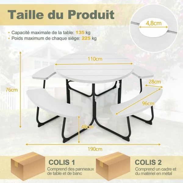 Ensemble Table de Pique-nique avec 4 Bancs Intégrés Table de Pique-nique Circulaire 135KG Trou pour Parasol 190 x 76 cm Matériau HDPE Blanc/Gris/Noir/Vert
