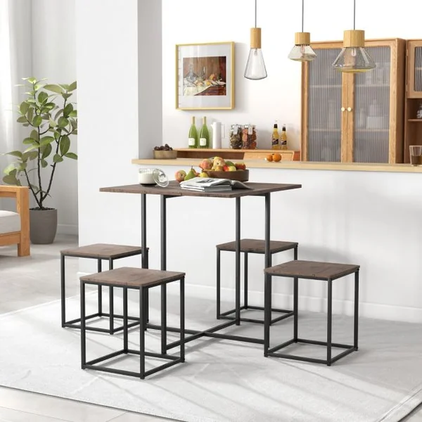 Ensemble Table de Salle à Manger avec 4 Tabourets Cadre en Métal Industrielle Patins Réglables Gris