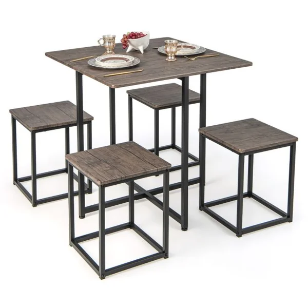 Ensemble Table de Salle à Manger avec 4 Tabourets Cadre en Métal Industrielle Patins Réglables Gris
