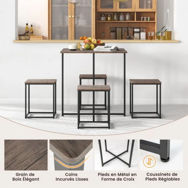 Ensemble Table de Salle à Manger avec 4 Tabourets Cadre en Métal Industrielle Patins Réglables Gris