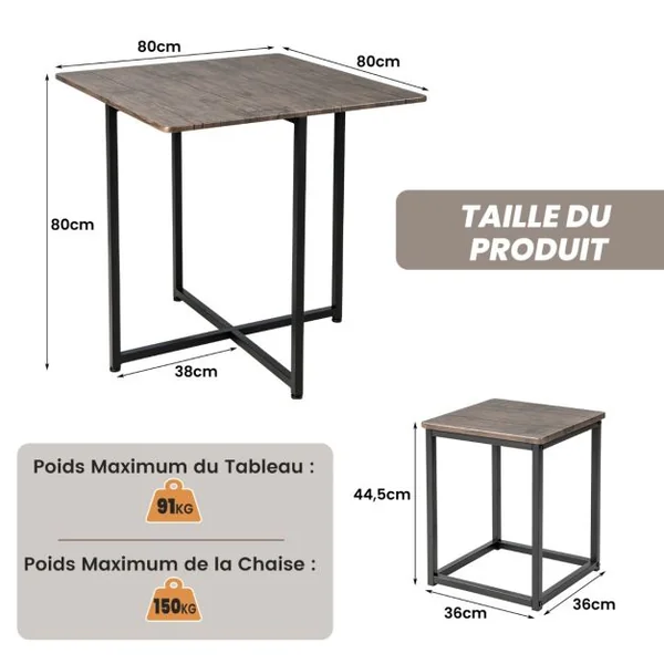 Ensemble Table de Salle à Manger avec 4 Tabourets Cadre en Métal Industrielle Patins Réglables Gris