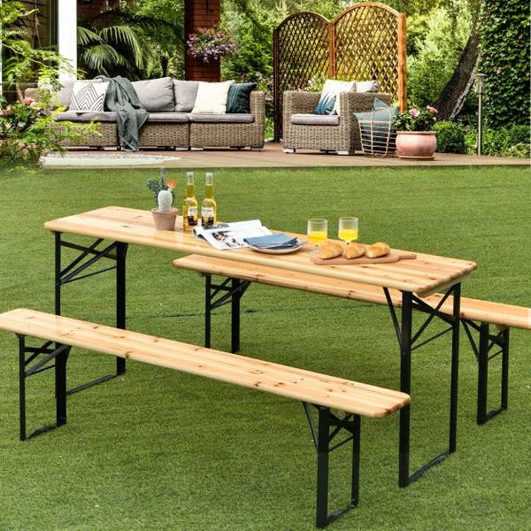 Ensemble Table et 2 Bancs Pliante de Camping 4 Personnes Structure en Acier Table Bois de Sapin Imperméable Charge 300KG
