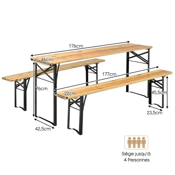 Ensemble Table et 2 Bancs Pliante de Camping 4 Personnes Structure en Acier Table Bois de Sapin Imperméable Charge 300KG