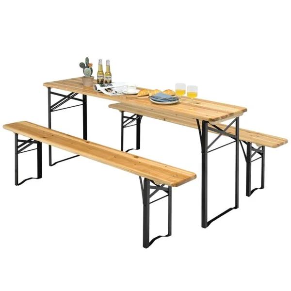 Ensemble Table et 2 Bancs Pliante de Camping 4 Personnes Structure en Acier Table Bois de Sapin Imperméable Charge 300KG