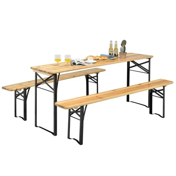 Ensemble Table et 2 Bancs Pliante de Camping 4 Personnes Structure en Acier Table Bois de Sapin Imperméable Charge 300KG