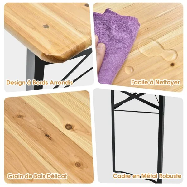 Ensemble Table et 2 Bancs Pliante de Camping 4 Personnes Structure en Acier Table Bois de Sapin Imperméable Charge 300KG