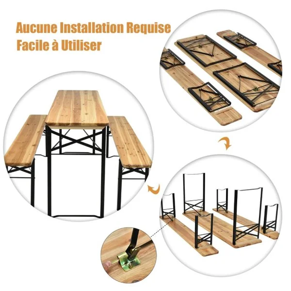 Ensemble Table et 2 Bancs Pliante de Camping 4 Personnes Structure en Acier Table Bois de Sapin Imperméable Charge 300KG