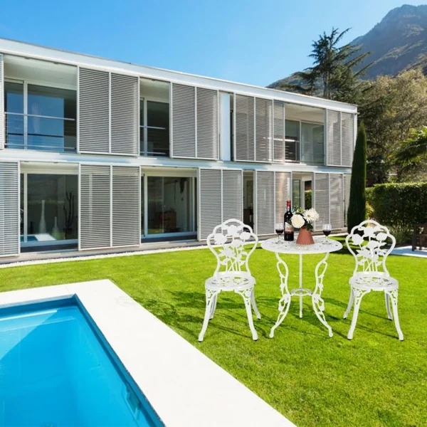 Ensemble Table et 2 Chaises en Fonte Aluminium Forme de Rose Résistant aux Intempéries Blanc/Vert