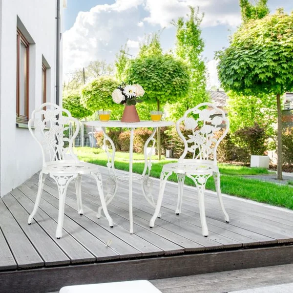 Ensemble Table et 2 Chaises en Fonte Aluminium Forme de Rose Résistant aux Intempéries Blanc/Vert