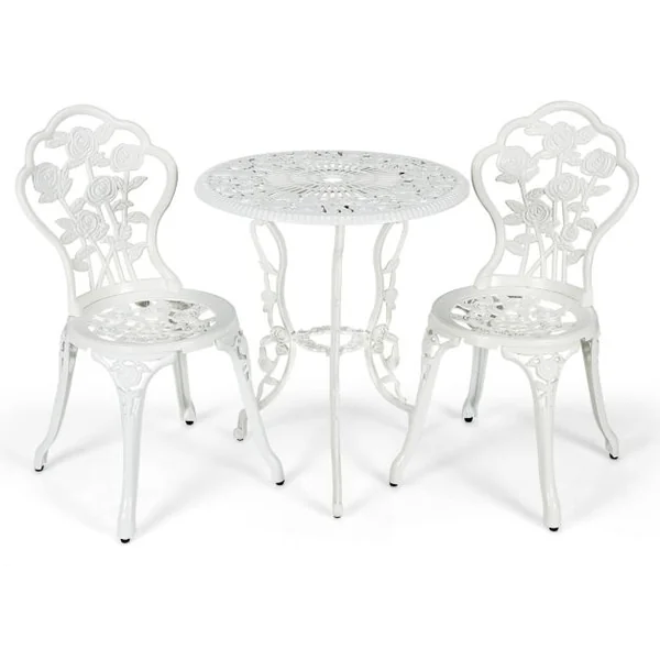 Ensemble Table et 2 Chaises en Fonte Aluminium Forme de Rose Résistant aux Intempéries Blanc/Vert