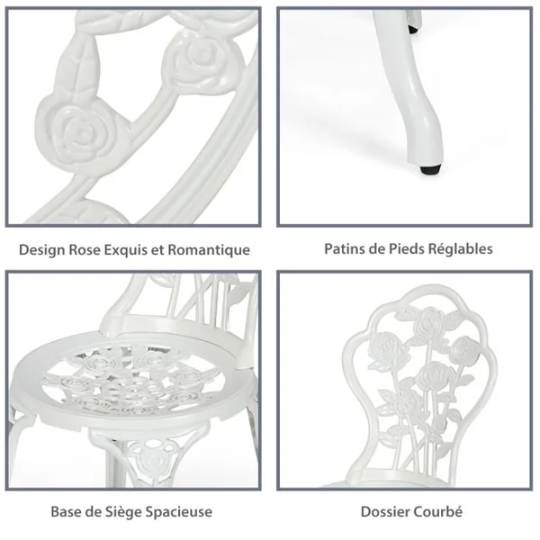 Ensemble Table et 2 Chaises en Fonte Aluminium Forme de Rose Résistant aux Intempéries Blanc/Vert