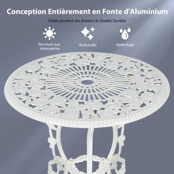 Ensemble Table et 2 Chaises en Fonte Aluminium Forme de Rose Résistant aux Intempéries Blanc/Vert