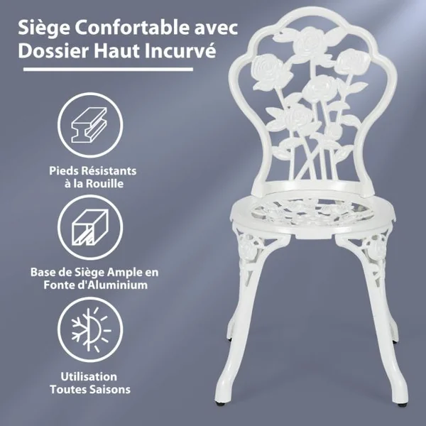 Ensemble Table et 2 Chaises en Fonte Aluminium Forme de Rose Résistant aux Intempéries Blanc/Vert