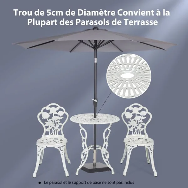 Ensemble Table et 2 Chaises en Fonte Aluminium Forme de Rose Résistant aux Intempéries Blanc/Vert