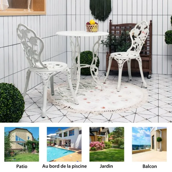 Ensemble Table et 2 Chaises en Fonte Aluminium Forme de Rose Résistant aux Intempéries Blanc/Vert