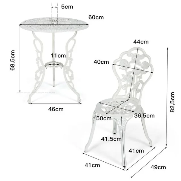Ensemble Table et 2 Chaises en Fonte Aluminium Forme de Rose Résistant aux Intempéries Blanc/Vert