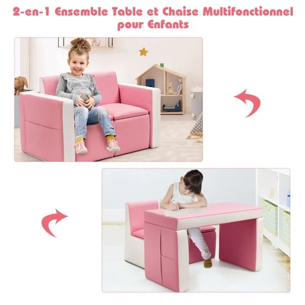 Ensemble table et 2 chaises pour enfant en bois léger mousse PVC Chaise et Table Transformable Capacité 50kg Rose