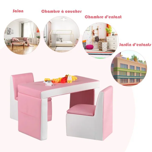Ensemble table et 2 chaises pour enfant en bois léger mousse PVC Chaise et Table Transformable Capacité 50kg Rose
