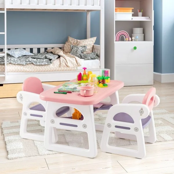 Ensemble Table et 2 Chaises pour Enfants 3 Pièces avec Etagère de Rangement Concave Agés de 1 à 5 Ans Bleu