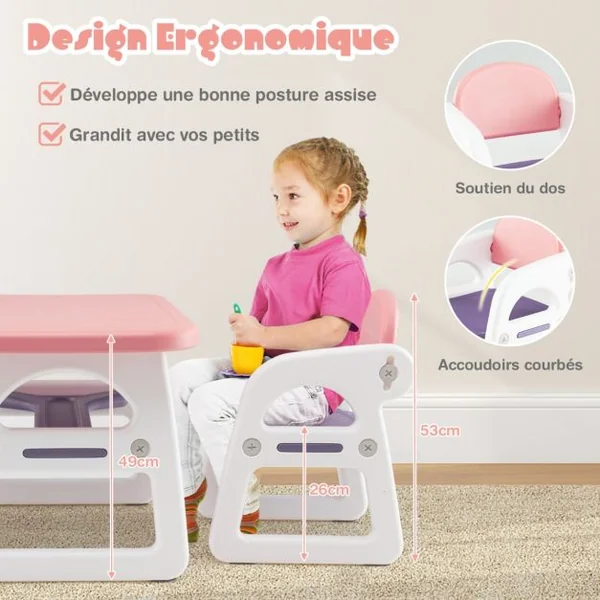Ensemble Table et 2 Chaises pour Enfants 3 Pièces avec Etagère de Rangement Concave Agés de 1 à 5 Ans Bleu