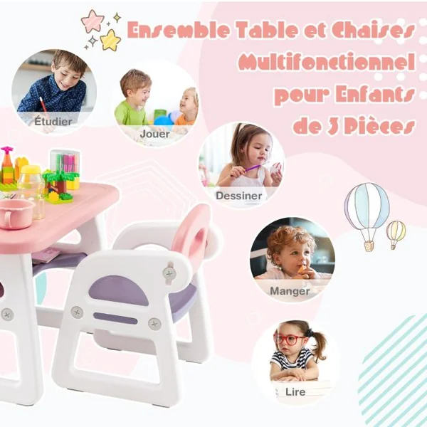 Ensemble Table et 2 Chaises pour Enfants 3 Pièces avec Etagère de Rangement Concave Agés de 1 à 5 Ans Bleu